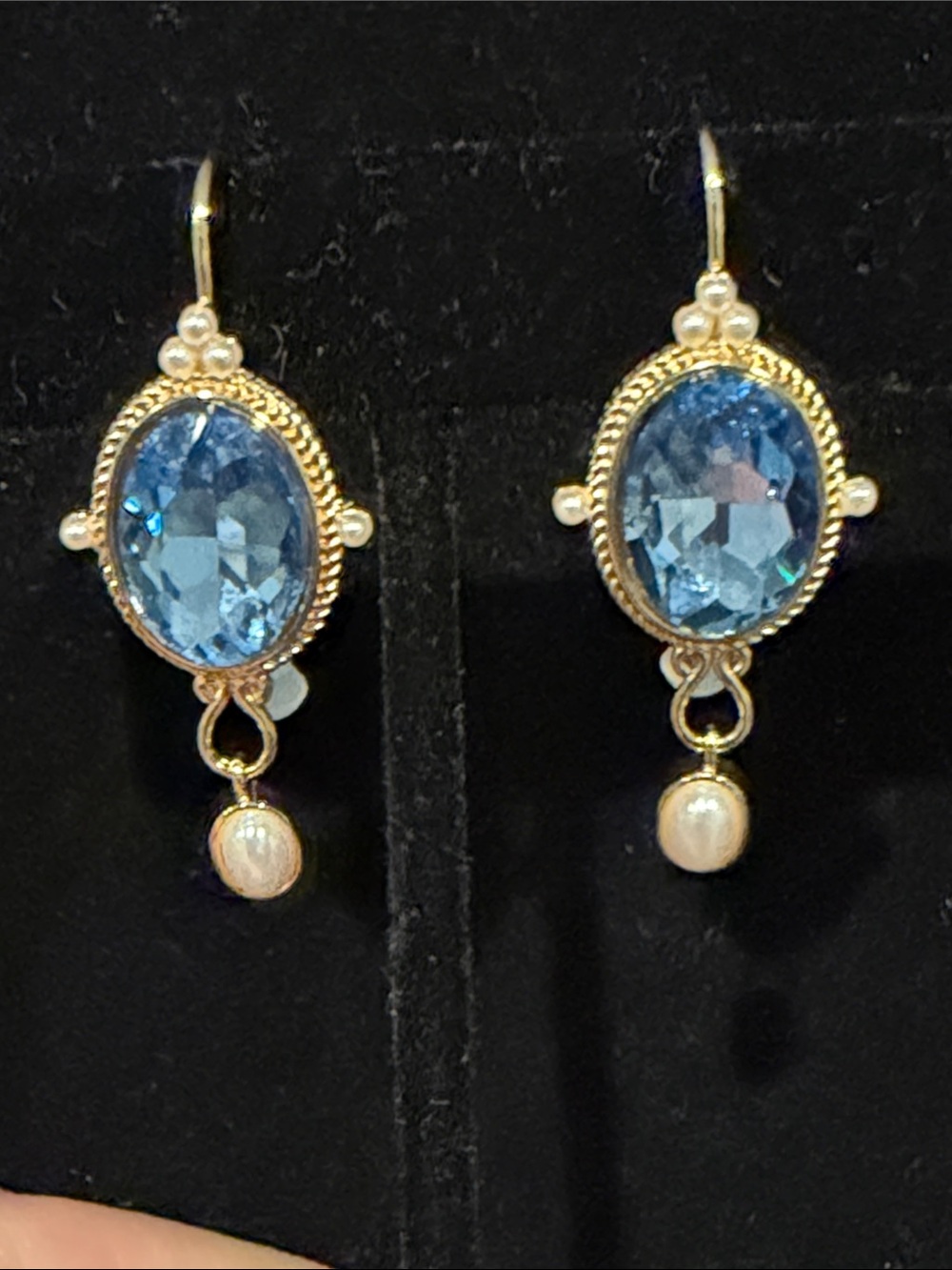 Detailed Gold Drop Earrings with Light Blue Crystal and Pearl Accent